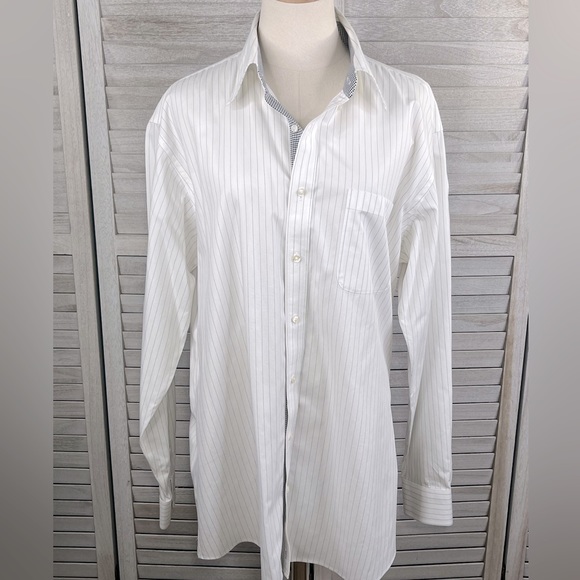 PAUL FREDRICK Men's Slim Fit Non Iron Button Down Dress Shirt Wh w Blk Stripe-17 - Picture 2 of 4